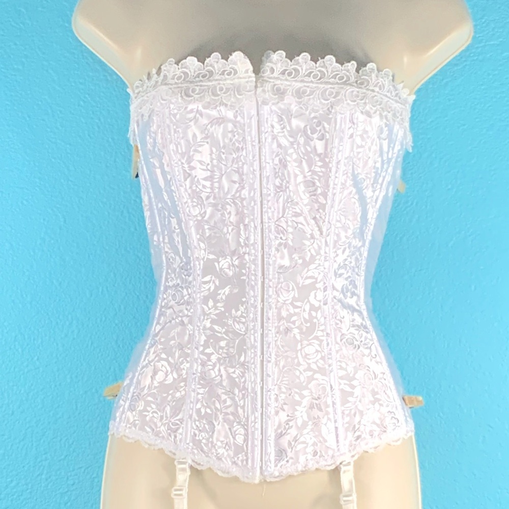 Vintage Y2K White Floral Satin Corset Size 36 With Garters, Free Bridal Leg Ware